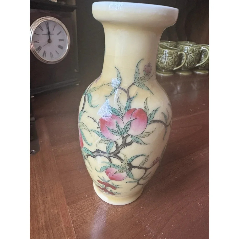 Vintage Chinese Peach Vase Hand Painted‎ Yellow Porcelain Decorated in Hong Kong